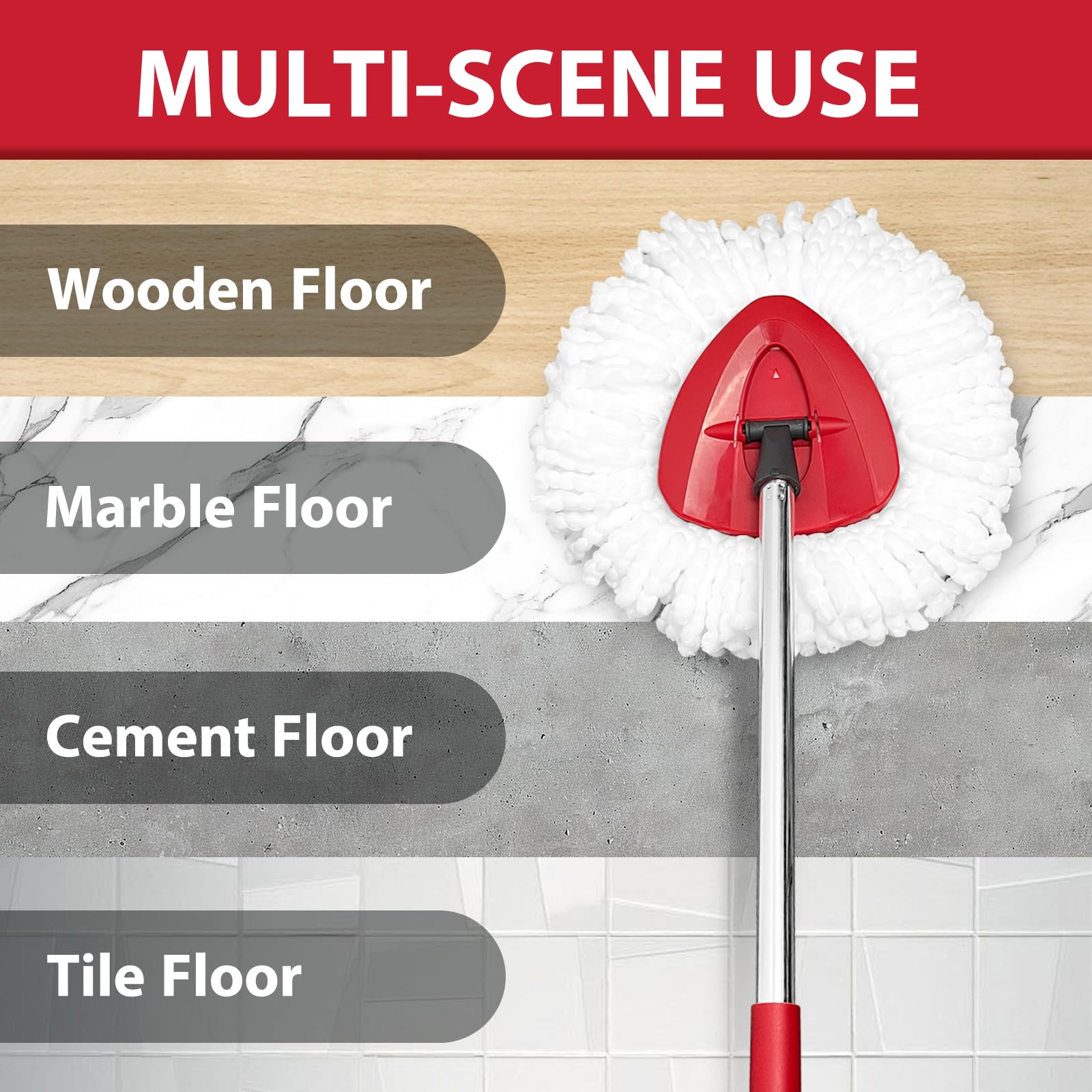 Spin Mop Replacement Set for O-Ceda EasyWring 1-Tank System, Includes 2 Mop Head Replacement, 1 Mop Handle (30-58in Adjustable 4-Section Pole), 1 Scrubber Head, 1 Spin Base