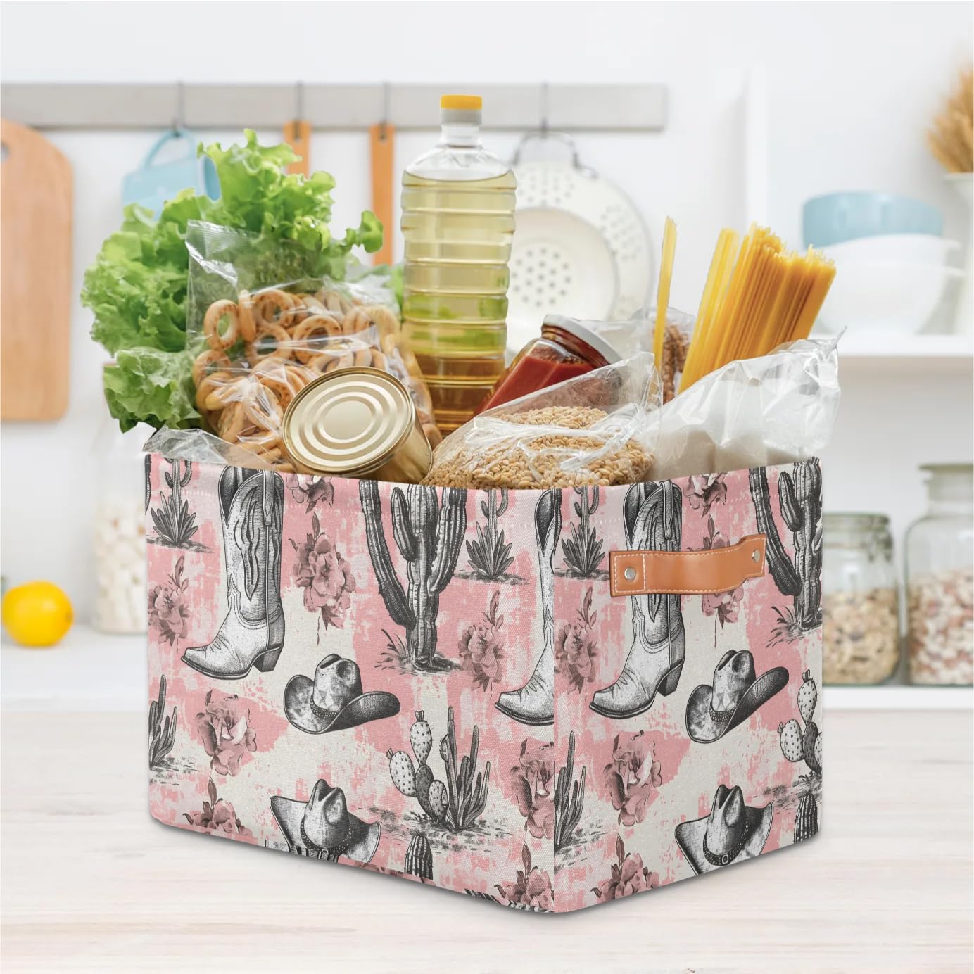 OMFUNS Western Cowboy Rectangle Storage Basket Cactus Foldable Storage Bin Cubes with Handles Large Organizer Bins Boxes Toy Closet Shelf Nursery Laundry Basket, 1 Pcs