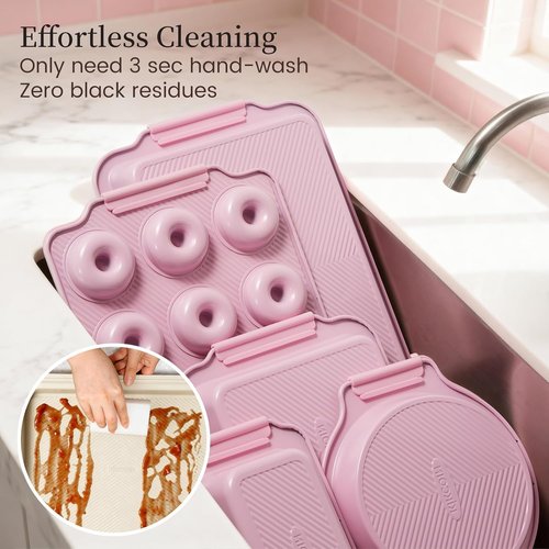 Kikcoin 25 PCS Non-Stick Baking Pans Set - Heavy-Duty Silicone Handles | Oven Safe to 450°F, Pink