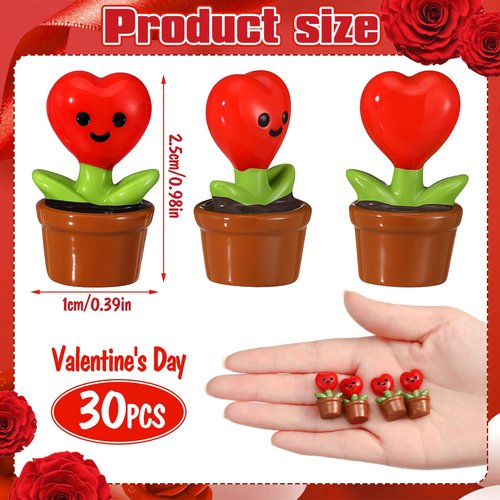 Threehoney 30 Pcs Mini Resin Flowers Samll Heart Statues Mini Resin Potted Heart Flower Statues for Birthday Desktop Decorations DIY Miniature Landscape Fairy Garden Decor(Red)