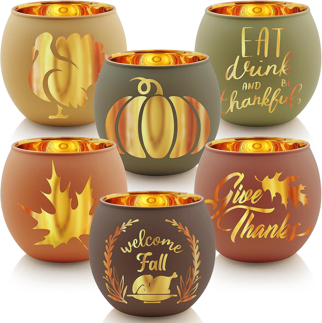 Thanksgiving Votive Candle Holder Set - 6 Glass Holders with Laser Engraved Patterns for Fall Decor