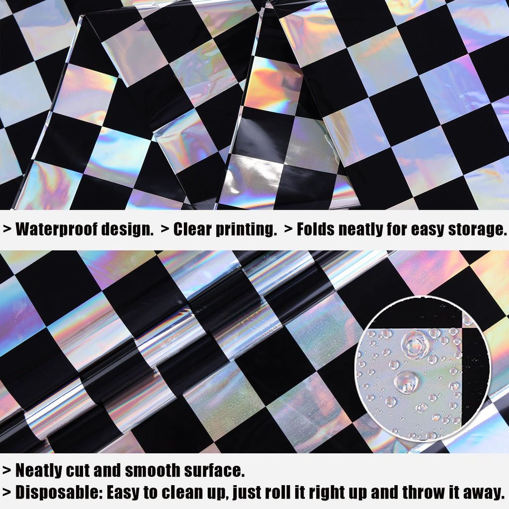 SAJOO 3 Packs Black Checkered Iridescent Tablecloth 54 x 108 Inch Holographic Foil Table Cloth Shiny Disposable Laser Rectangle Plastic Table Cover for Picnic Camping