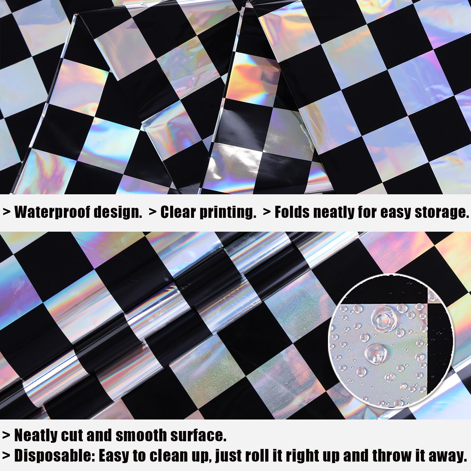 SAJOO 3 Packs Black Checkered Iridescent Tablecloth 54 x 108 Inch Holographic Foil Table Cloth Shiny Disposable Laser Rectangle Plastic Table Cover for Picnic Camping