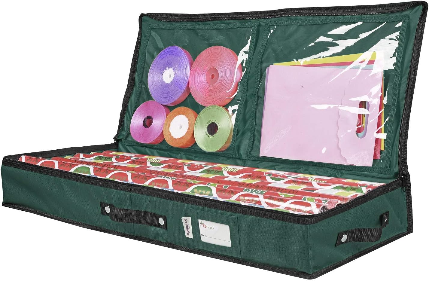 Primode Wrapping Paper Storage Container - Under Bed Organizer for 30-Inch Rolls | 31”x13.5”x4.5” | Durable 600D Oxford Material with Pockets for Ribbons and Bows (Green)