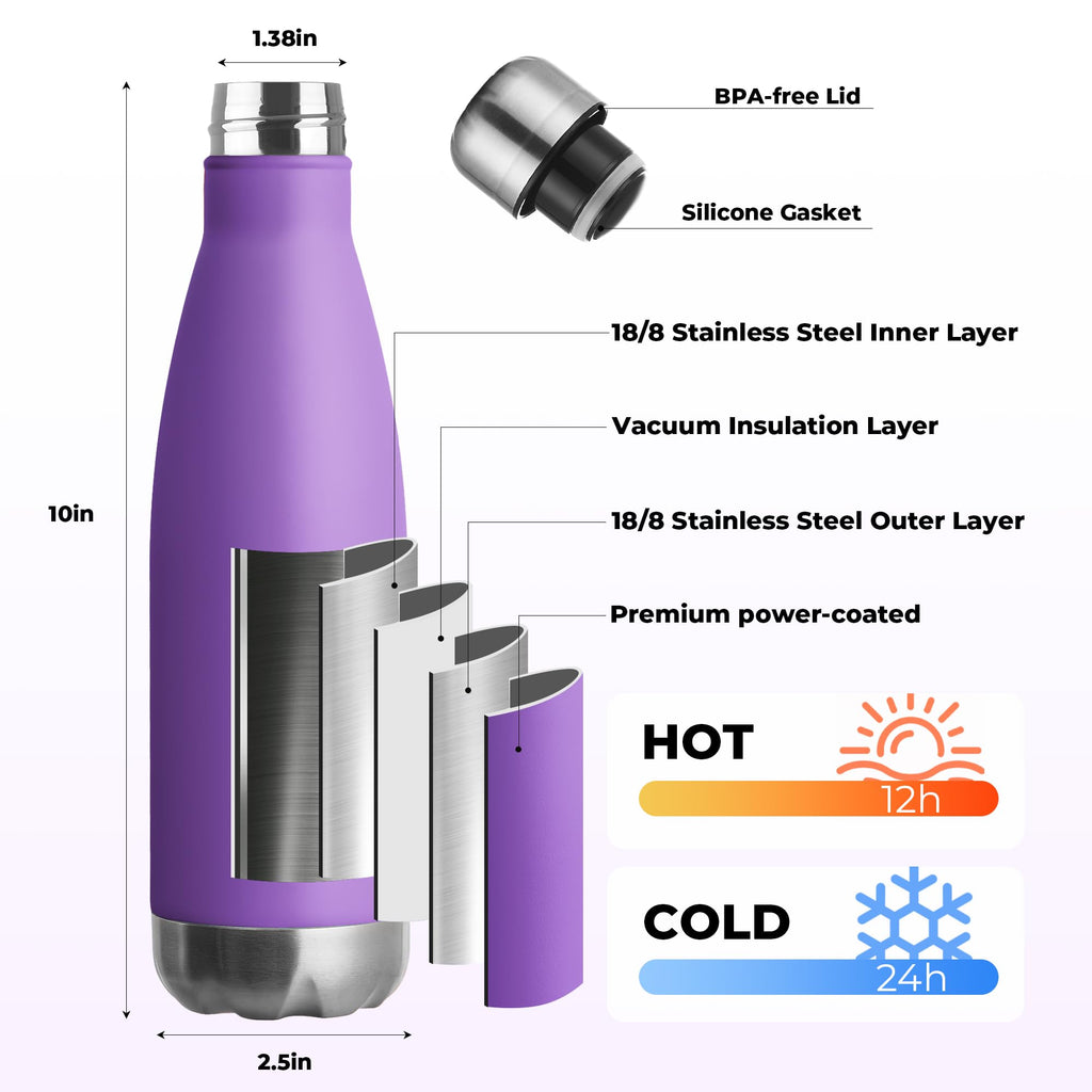 MEWAY 17oz Sport Water Bottle 12 Pack Vacuum Insulated Stainless Steel Leak-Proof Double Wall Cola Shape Water Bottle,Keep Drinks Hot & Cold (Purple,12 Pack)