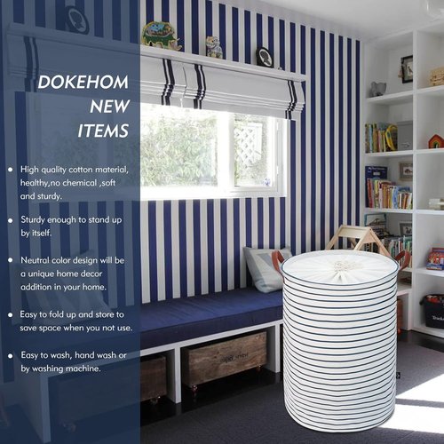 DOKEHOM 20-Inch Freestanding Laundry Basket - Collapsible Drawstring Hamper with Lid & Handle | Blue Stripe, Large