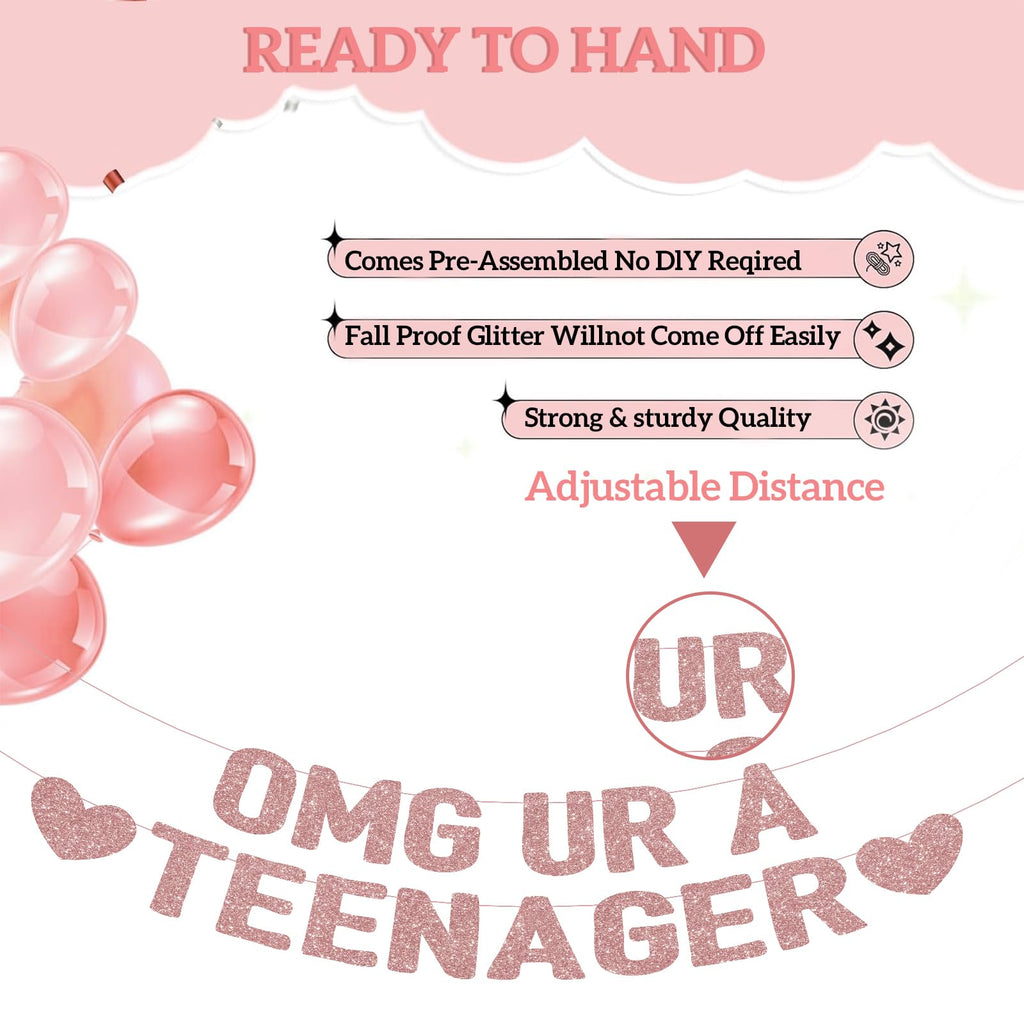 OMG UR A TEENAGER Banner – 13th Birthday Decorations for Girls, Rose Gold Glitter Happy 13th Bday Party Decor, Pre-Strung Teen Girl Birthday Decorations for 13 Year Old Girl