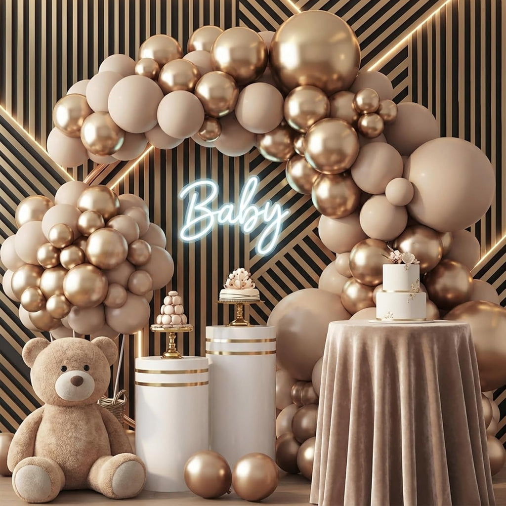 RUBFAC Chrome Gold Balloons - 129-Piece Latex Metallic Balloon Garland Kit for Parties | 5-18 Inch Sizes
