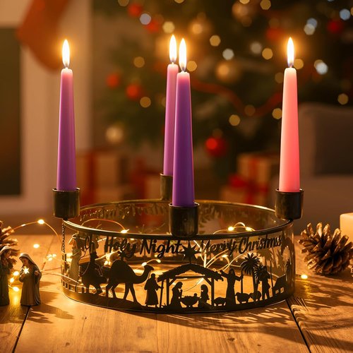 Blulu Advent Wreath Candle Holder - Rustic Nativity Scene Ring for Christmas Centerpiece | Metal Jesus Design
