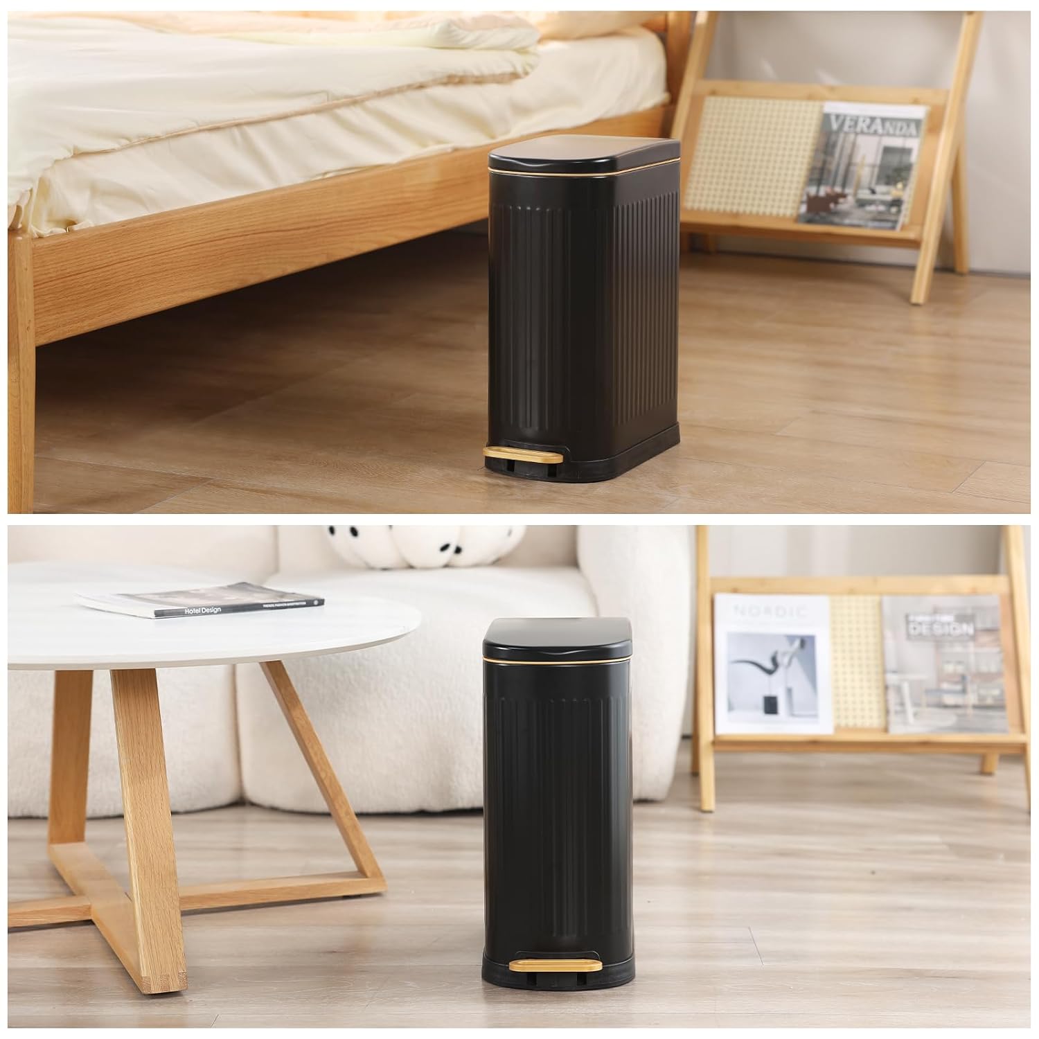 SYNCVIBE Slim Bathroom Trash Can - Stainless Steel Soft Close Step Bin with Removable Inner Bucket | Matt Black, 3.5 Gallons