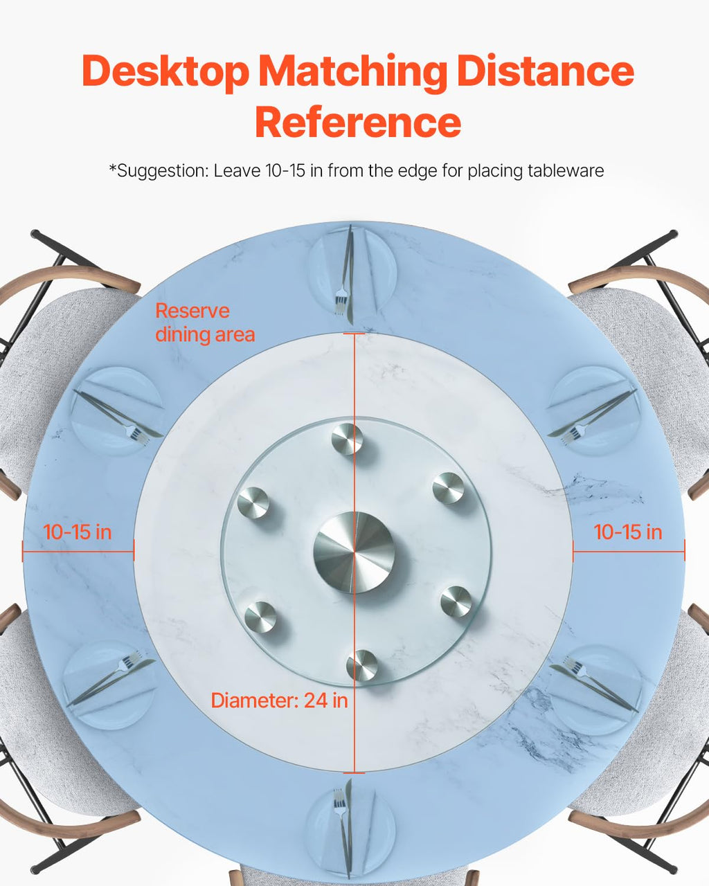 VEVOR 24 in Glass Lazy Susan Turntable, Tempered Glass Dining Table Centerpiece with 6 Rotating Wheels, 360° Smooth and Silent Spin Tabletop Rotating Tray, for Family Gatherings, Banquets & Weddings