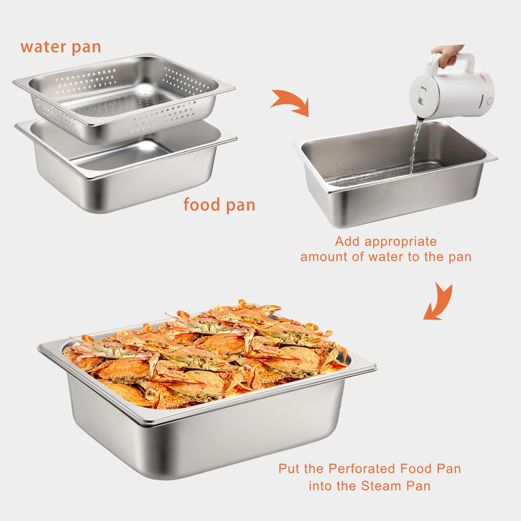 Tioncy 2 Pack Full Size Hotel Pans with Perforated Steam Pan, Stainless Steel Steam Table Pan Multifunctional Food Chafing Supplies for Restaurant Kitchen(Full Size, 2.5 Inches, 4 Inches)