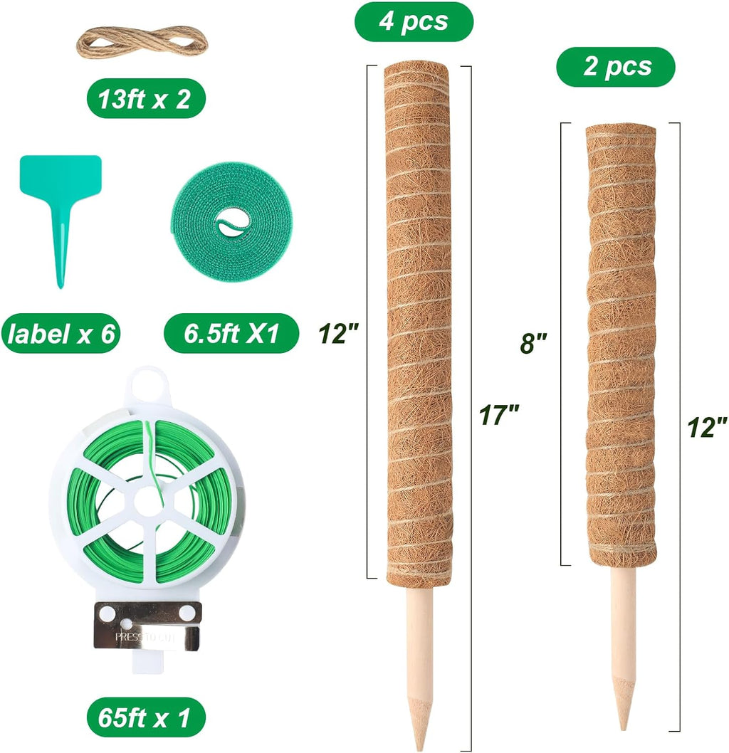 Skiennix 6 Pack Moss Poles for Monstera Plant Support - Stackable 4x17in & 2x12in, Ideal for Indoor Plants