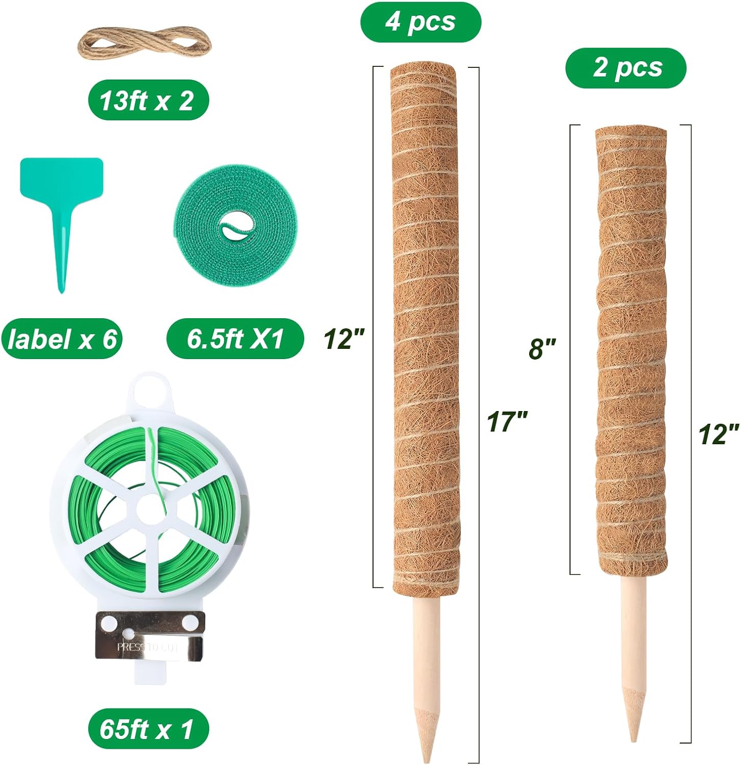 Skiennix 6 Pack Moss Poles for Monstera Plant Support - Stackable 4x17in & 2x12in, Ideal for Indoor Plants