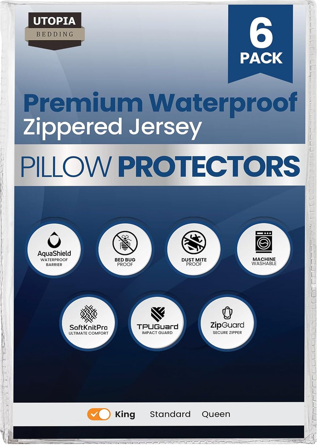 Utopia Bedding King Size Pillow Protectors - Set of 6 Zippered, Waterproof & Dust Mite Proof Covers (White)