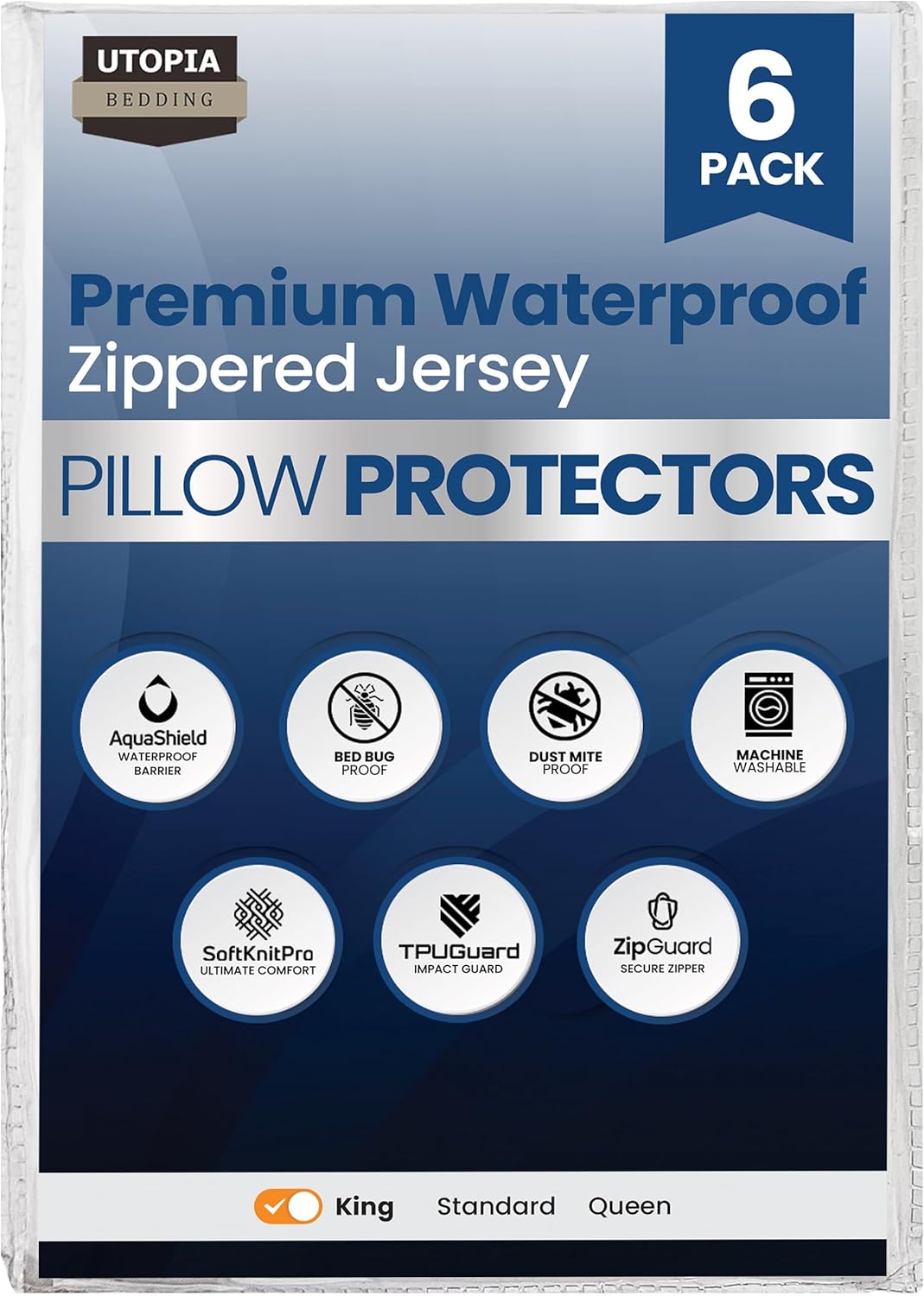 Utopia Bedding King Size Pillow Protectors - Set of 6 Zippered, Waterproof & Dust Mite Proof Covers (White)