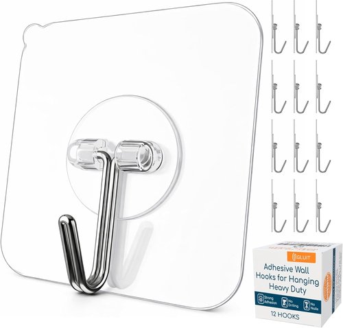 Gluitt Heavy Duty Adhesive Wall Hooks - No Drill, Waterproof, Clear 12 Pack for Home & Office