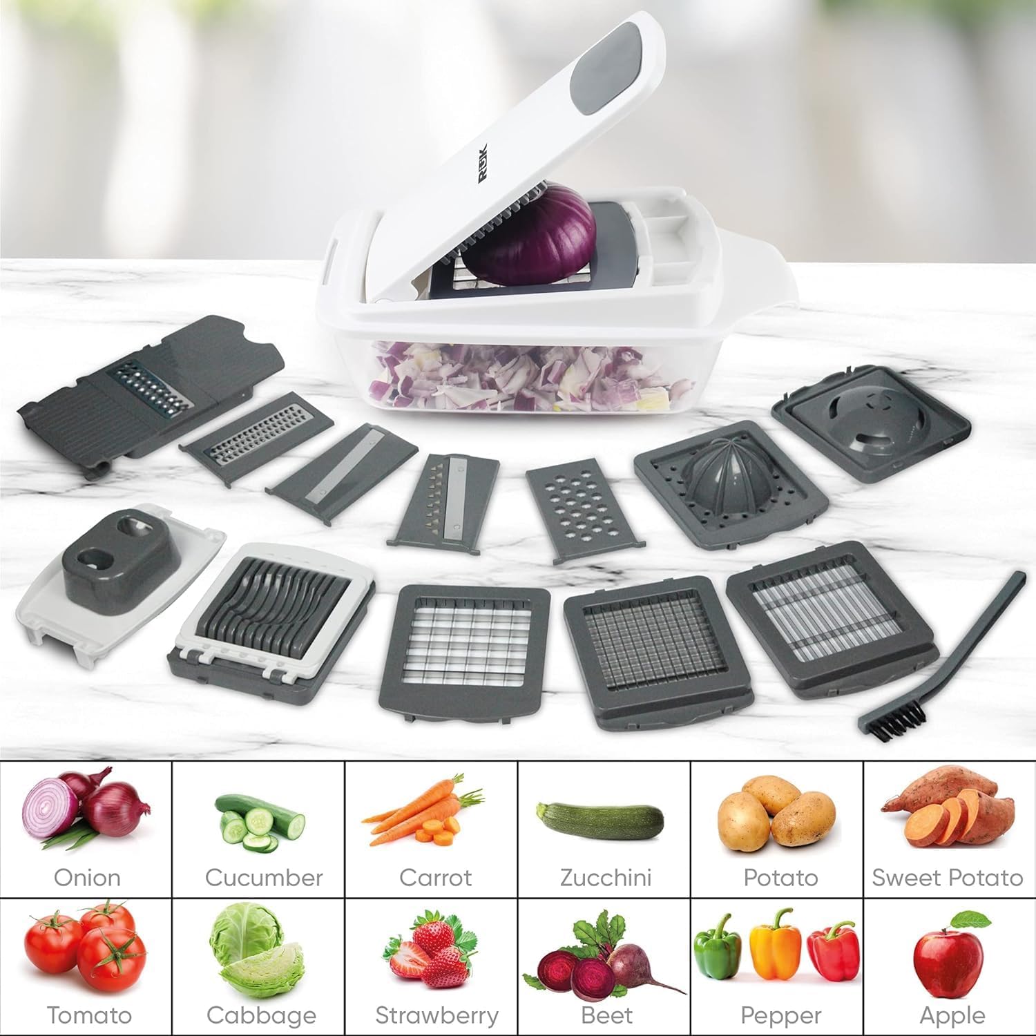 RüK Vegetable Chopper Slicer - 22-in-1 Multi-Function Mandoline Cutter with 11 Blades & Lemon Squeezer