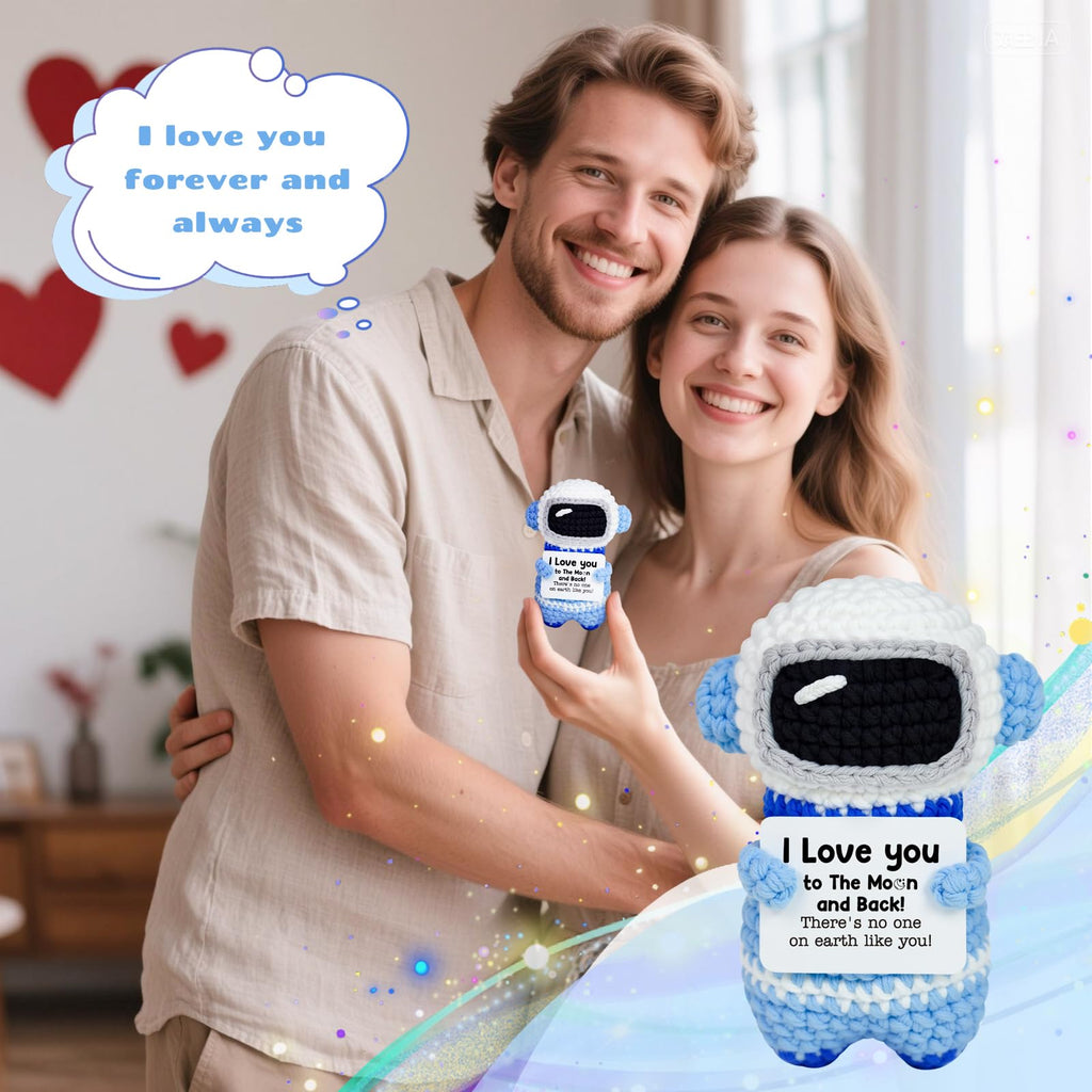 WoollyPearl Gifts for Him Her Boyfriend Girlfriend, Handmade Positive Crochet Astronaut, I Love You Anniversary Mothers Day Birthday Gifts for Women Men Mom Dad Teens Daughter Son