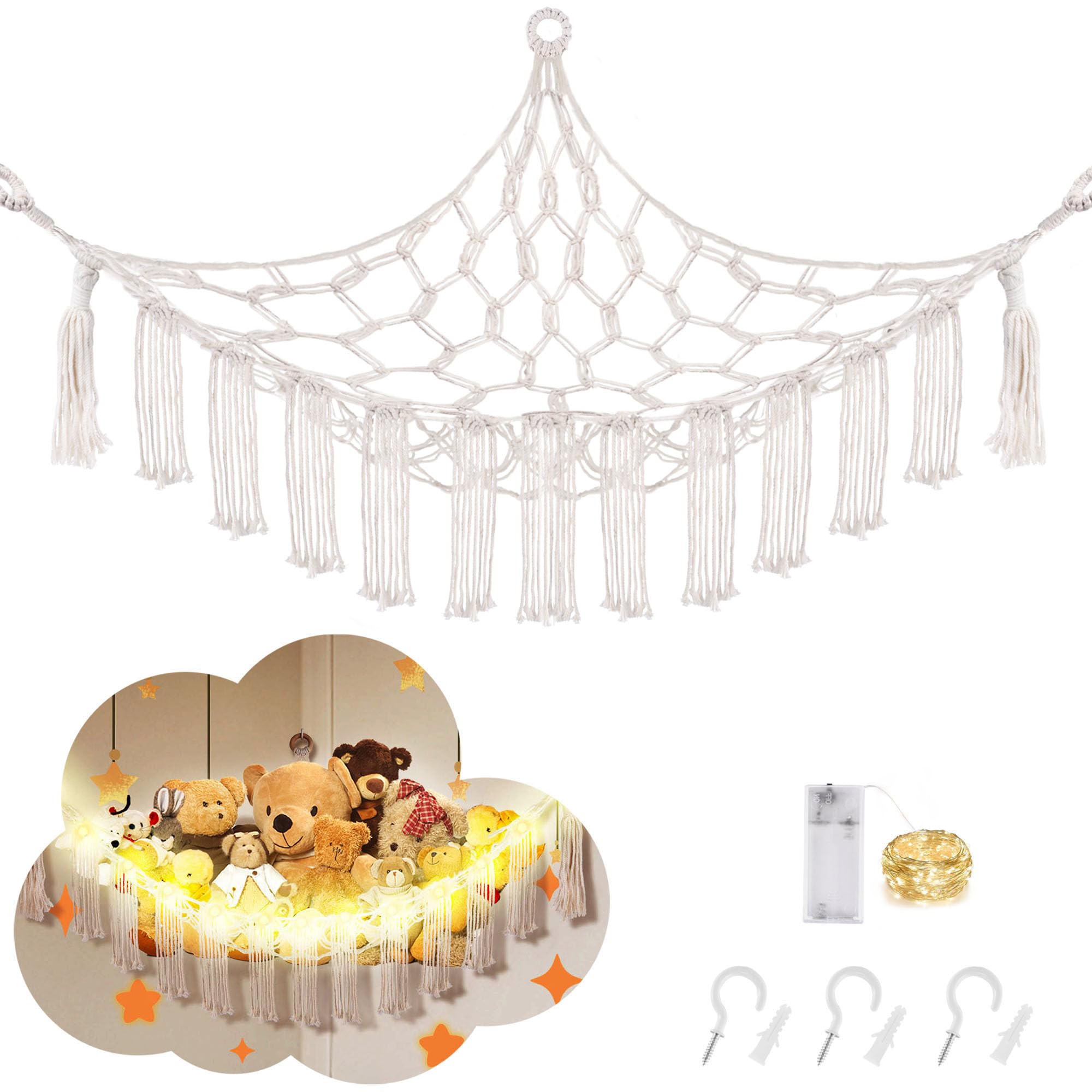 CERETIA Stuffed Animal Hammock with LED Light, Large Stuffed Animals Storage Corner Plushie Net for Kids Room Decor, White