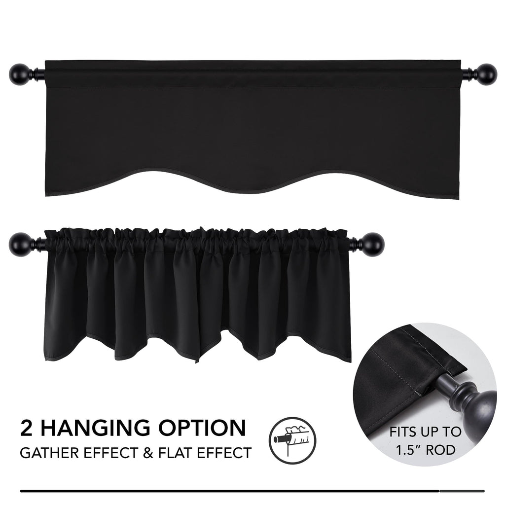 Deconovo Black Valances for Windows, Scalloped Valance for Kitchen Living Room Bedroom Bathroom, Short Curtain, Black Out Small Drape, Rod Pocket, Machine Washable, 52x18 Inch, 1 Panel