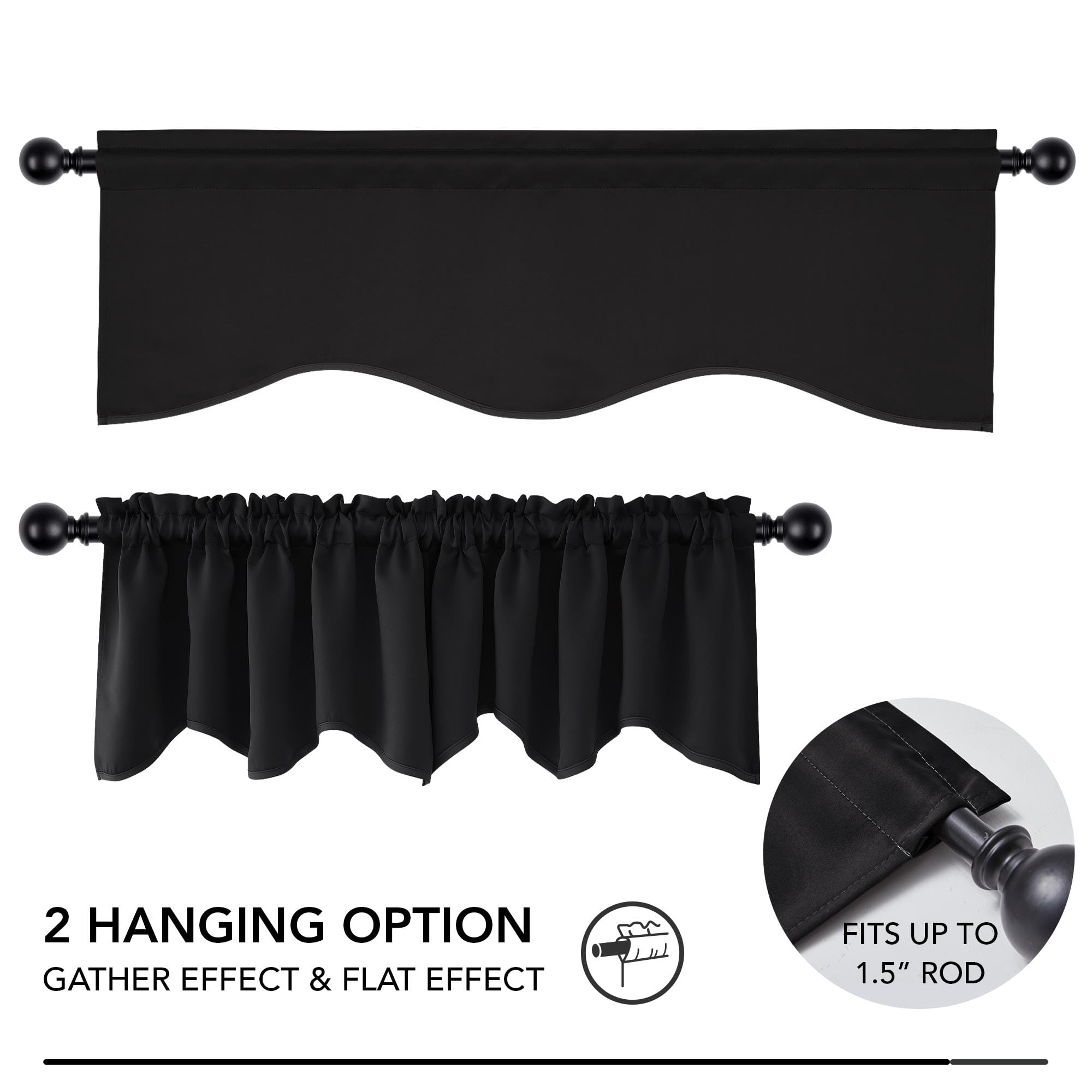 Deconovo Black Valances for Windows, Scalloped Valance for Kitchen Living Room Bedroom Bathroom, Short Curtain, Black Out Small Drape, Rod Pocket, Machine Washable, 52x18 Inch, 1 Panel
