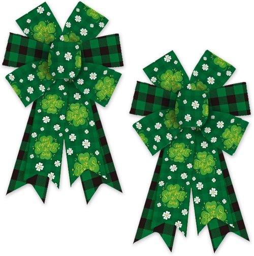 Heureppy Irish St. Patrick's Day Burlap Linen Wreath Bows - Green Plaid Clover Decor for Indoor/Outdoor Use
