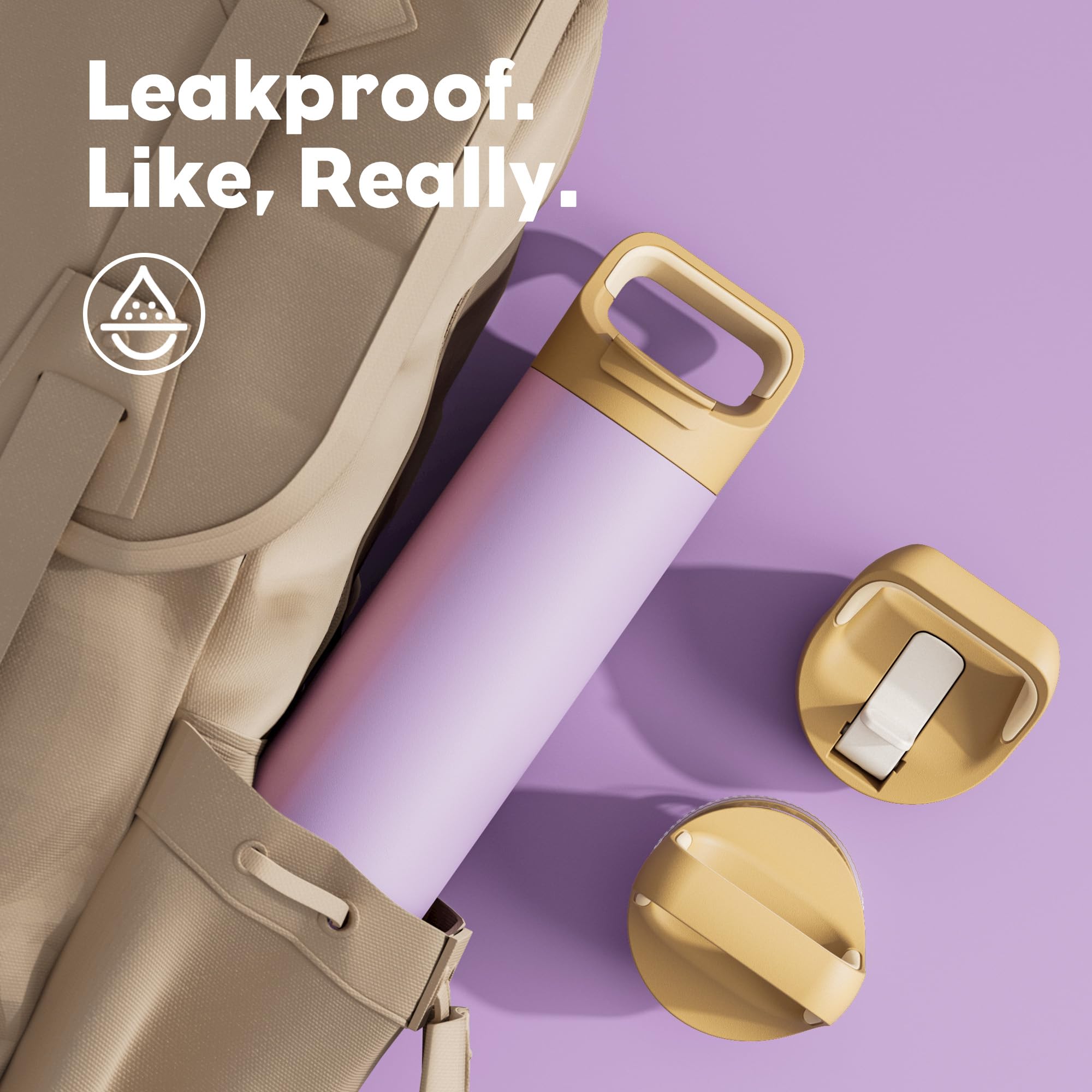 24 oz Insulated Water Bottle for Hiking: 3 Lids, Leakproof, Keep Cold 24H, Car Cupholder Friendly, Stainless Steel Water Flask with Straw and Spout Caps for Sports, Gym, School Cycling (Vintage Lilac)