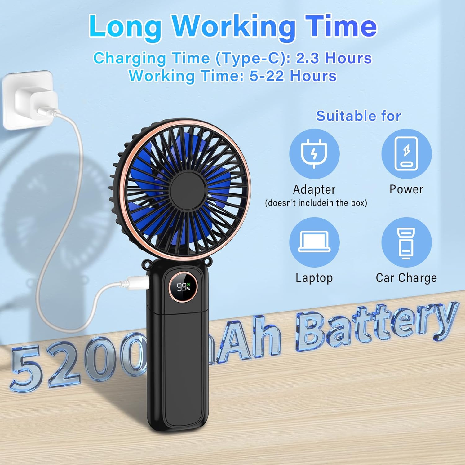 Skiennix Portable Handheld Fan - USB Rechargeable Mini Fan with 22Hrs Runtime & 6 Speeds | Perfect for Travel & Outdoor Use
