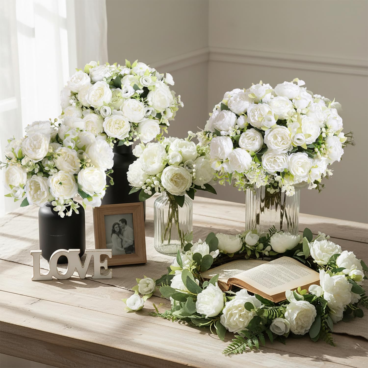 SugarHuLu 12 Bundles Peonies Artificial White Flowers Bouquet, Lifelike Silk Fake Peonies with Stems for Home Table Centerpieces, Wedding, Party & DIY Bridal Floral Arrangements (White)