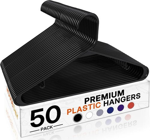 HOUSE DAY Black Plastic Hangers - Durable 50 Pack with Built-in Hooks | Space-Saving Clothing Solution for Shirts, Coats, Dresses