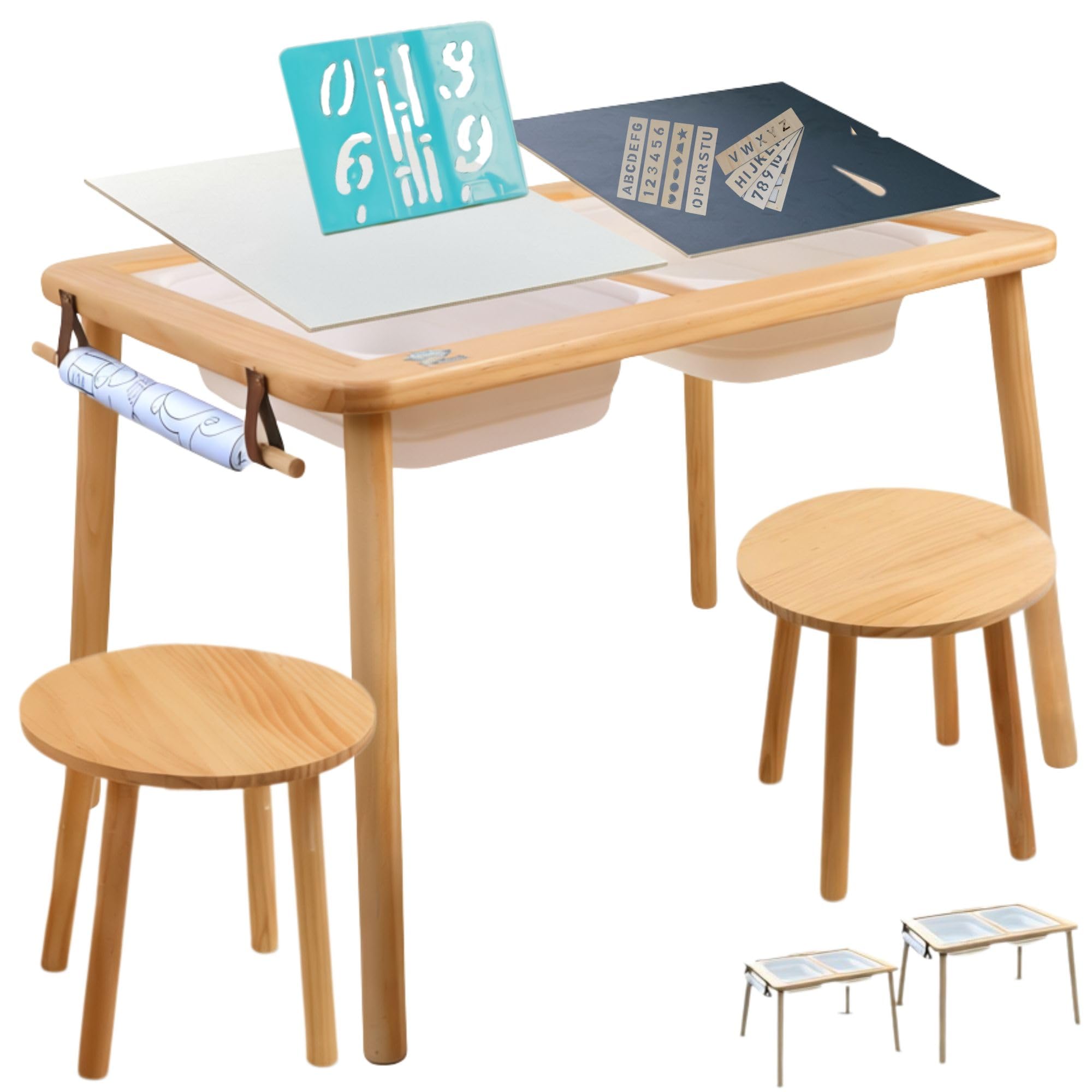 Woodyz - Evolving Sensory Table For Toddlers with Chairs & Foldable Bins - Indoor Kids Arts And Crafts Table - Play a Montessori Activity with Sand - Book/Tablet Holder- (Paper & Accessories included)