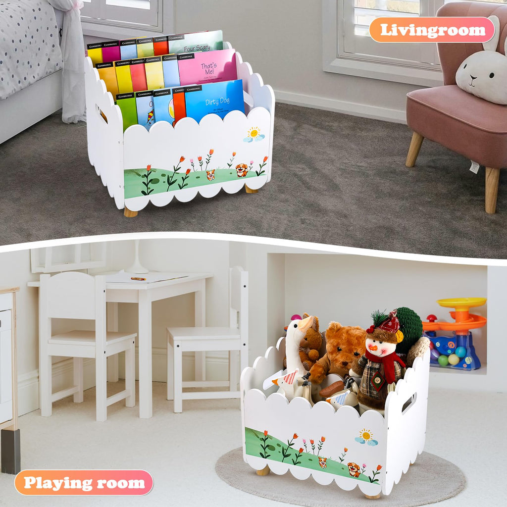 QwayHome Wood Kids Bookshelf, Montessori Bookshelf, Kids Storage Oragnzier with Handles, Toddler Bookcase with 2 Adjustable Dividers for Bedroom,Nursery & Classroom,White