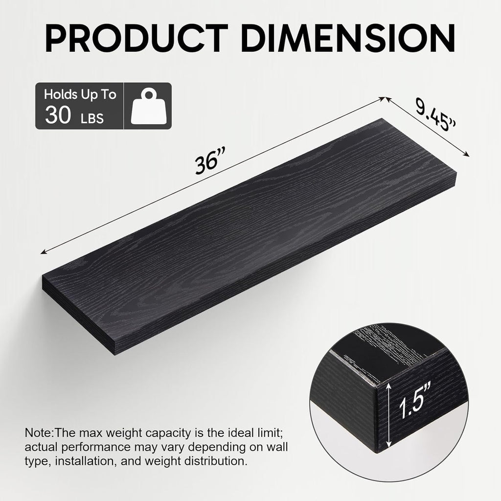 BAYKA Floating Wall Shelves - 36-Inch Rustic Wood Design for Home & Office | Set of 2 (Black)