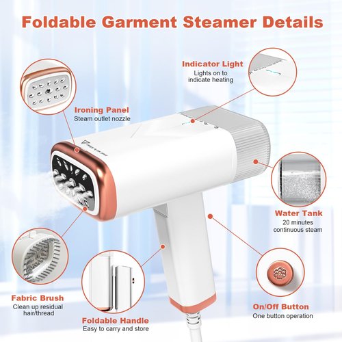 Foldable Handheld Steamer for Clothes, 1000W 20S Fast Heat-up Portable Garment Steamer with Brush and Measure cup, Clothes Steamer Fabric Wrinkle Remover with a Storage bag for Home Office Travel