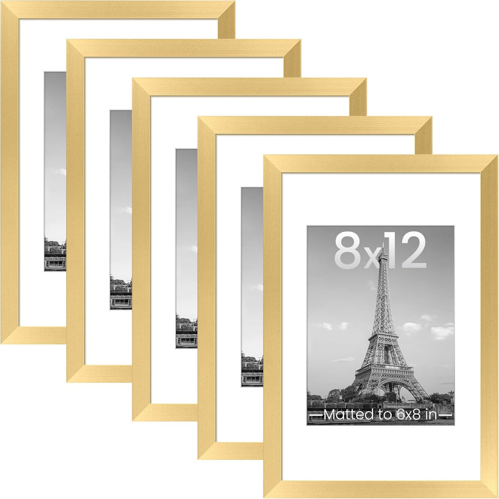 Upsimples 8x12 Picture Frame Set of 5 - Elegant Gold Frames for 6x8 or 8x12 Photos | Wall Gallery Display