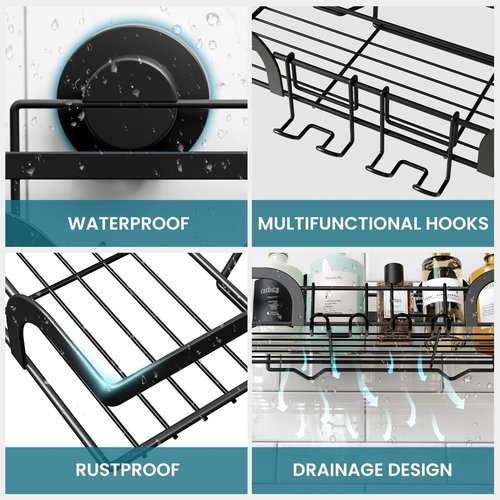 TAILI Shower Caddy Suction Cup 2 Pack, Heavy Duty Bathroom Basket, Bath Shelves for Inside, Stainless Steel Shower Holder Organizer for Bathroom Storage & Home Decor, No Drilling,Black