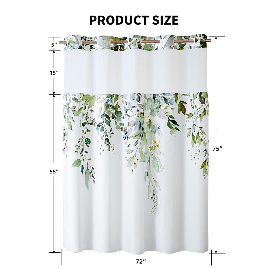 QiyI No Hook Shower Curtain with Snap in Fabric Liner, Sage Green Eucalyptus Shower Curtain with See Through Top Window, Waterproof Washable Cloth Ringless Shower Curtain Set for Bathroom, 72 x 75