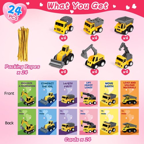 Tymokcall 24 Pcs Valentine’s Day Mini Construction Vehicles Bulk with Cards for Baby Toddlers Kids Pull Back Engineering Truck Party Favors School Gifts Exchange Classroom Prizes for Boys and Girls