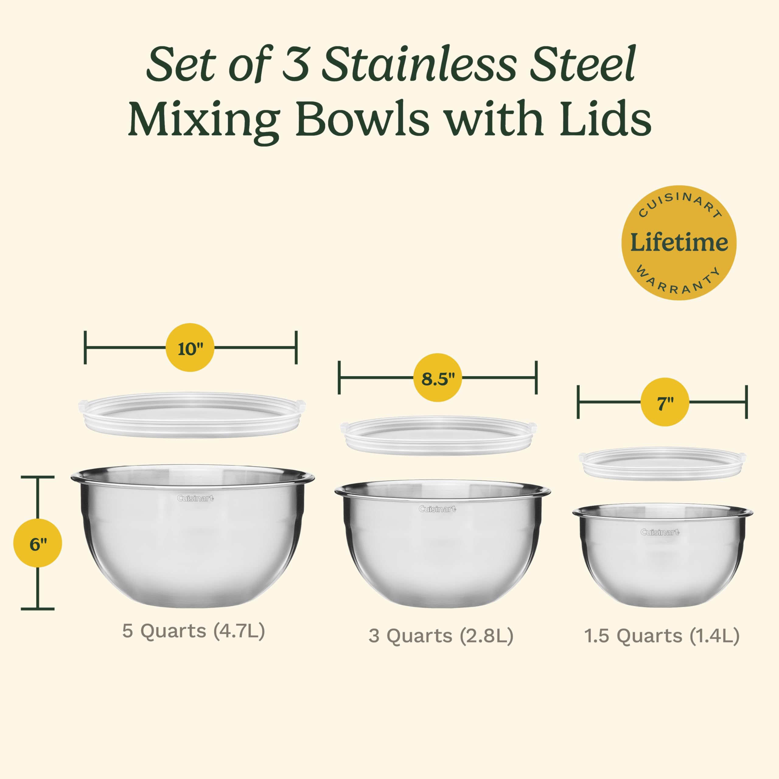 Cuisinart Mixing Bowl Set, Stainless Steel, 3‑Piece Nesting Bowls for Baking, Cooking & Food Prep, CTG-00-SMB