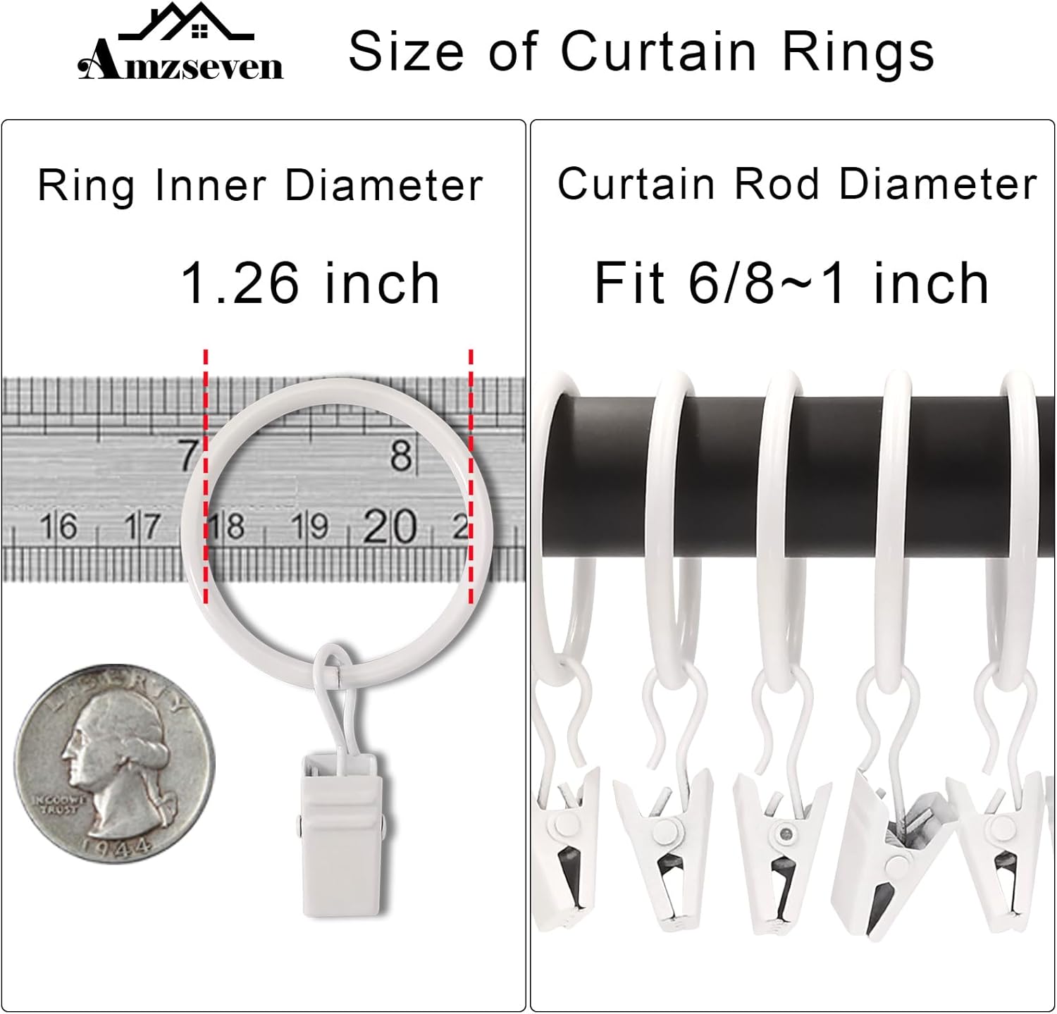 Skiennix Curtain Rings - 40 Pack Drapery Clips with 1.26" Interior Diameter - Fits Up to 1" Rod, White