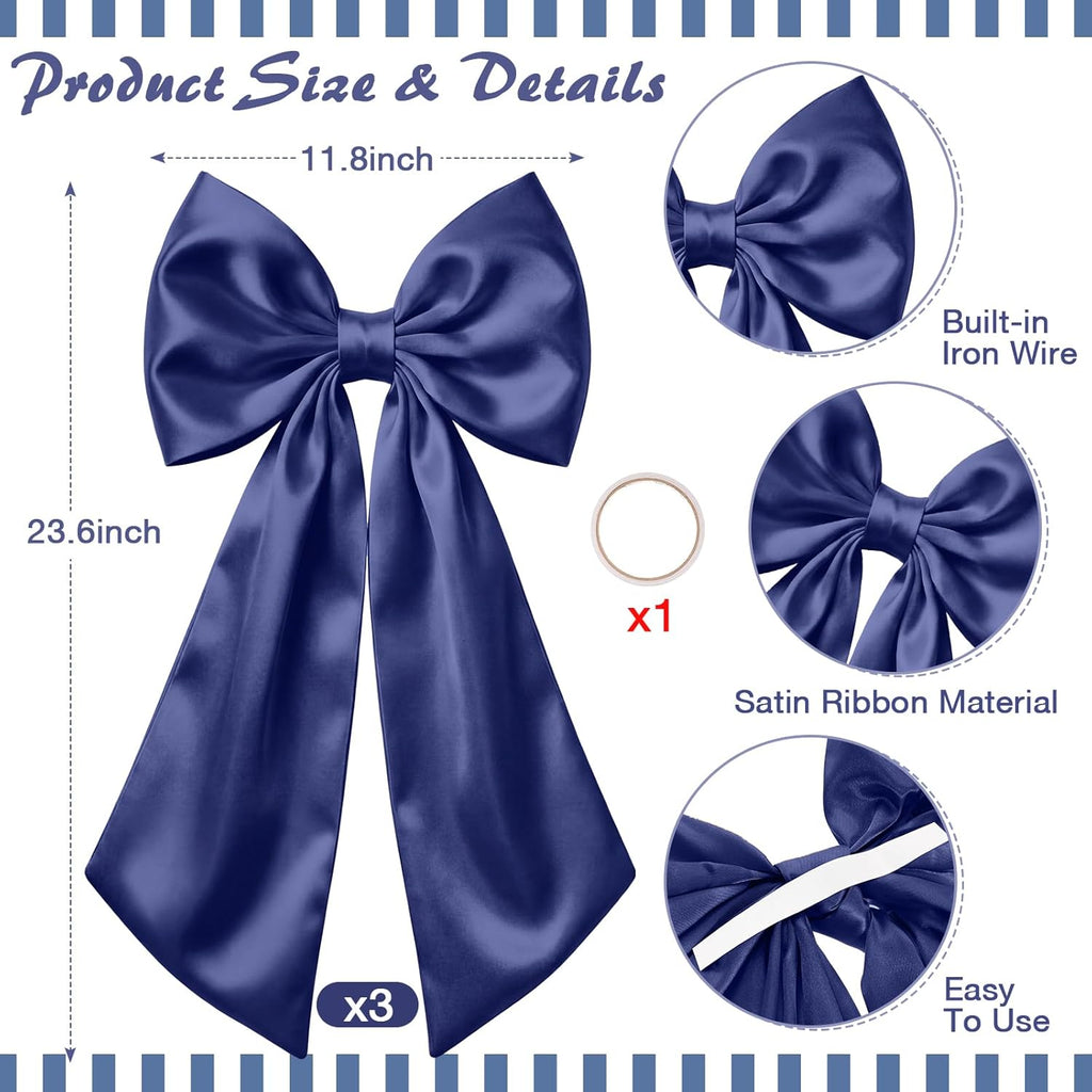 Suncalla 2 FT Large Satin Navy Blue Bow Decorations - 3 Pcs for Weddings, Parties & Home Decor