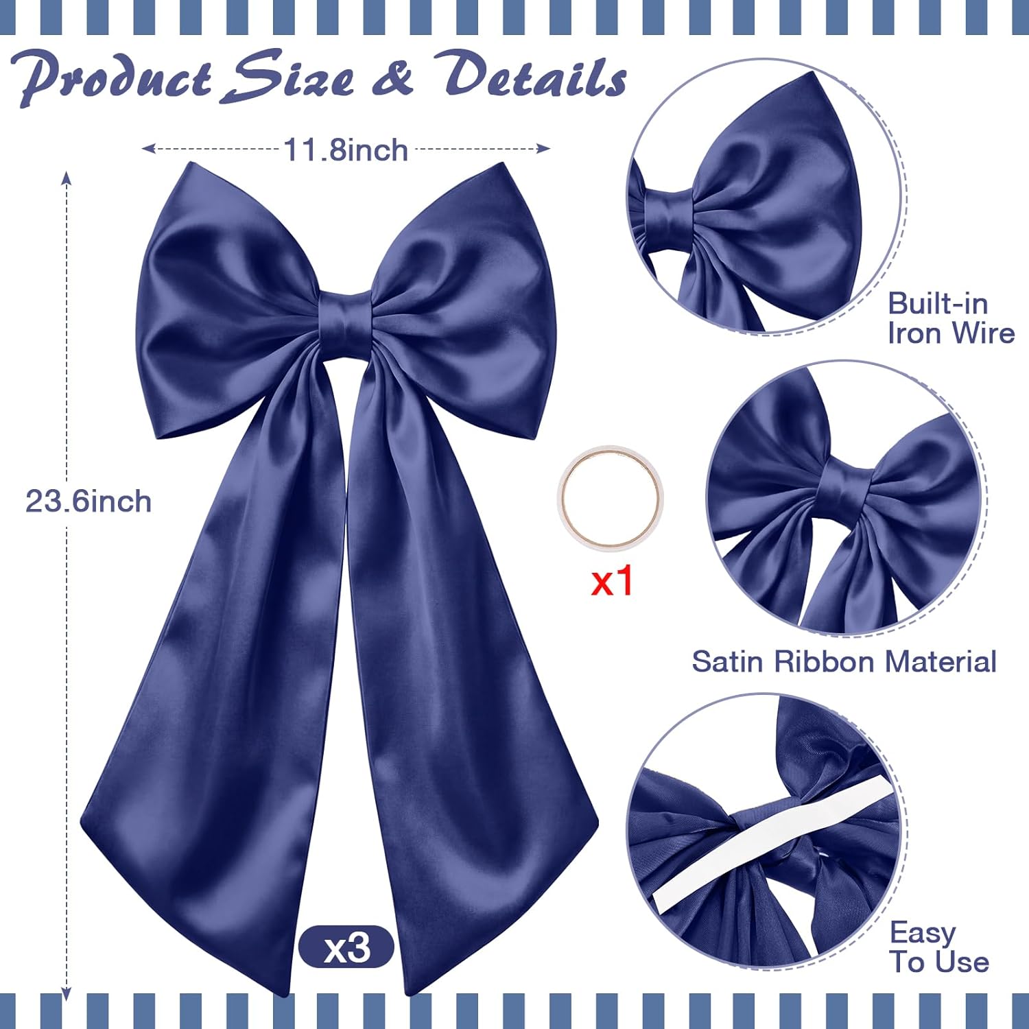 Suncalla 2 FT Large Satin Navy Blue Bow Decorations - 3 Pcs for Weddings, Parties & Home Decor