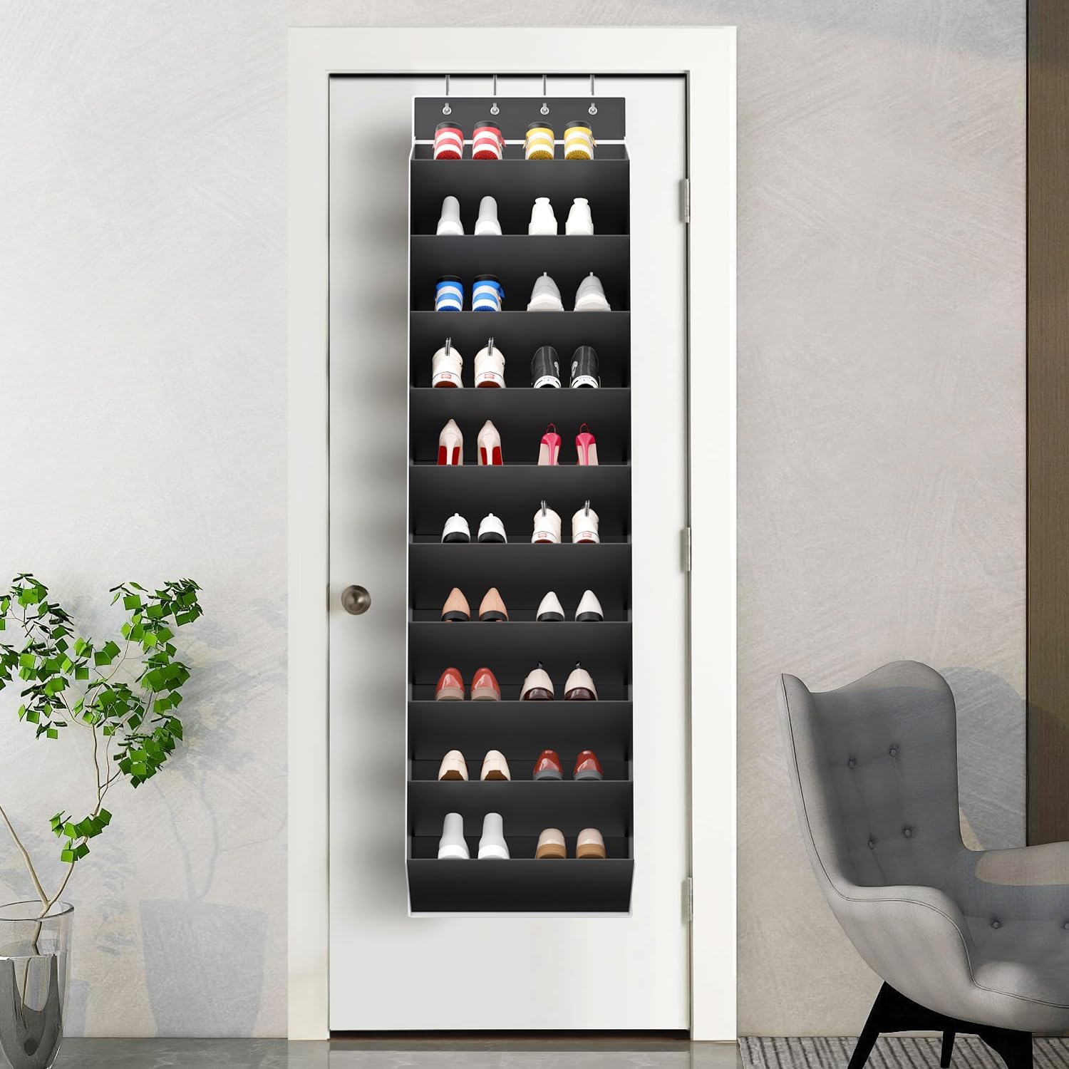 Regeleto Over The Door Shoe Organizer - 10 Tiers Storage Rack for 20 Pairs of Sneakers & Boots (Black)