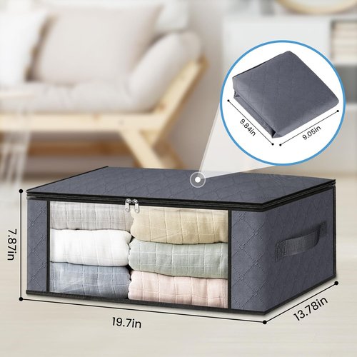 HomeHacks Clothes Organizer Storage Bags - Foldable 35L with Clear Window & Sturdy Handles | Gray 3-Pack
