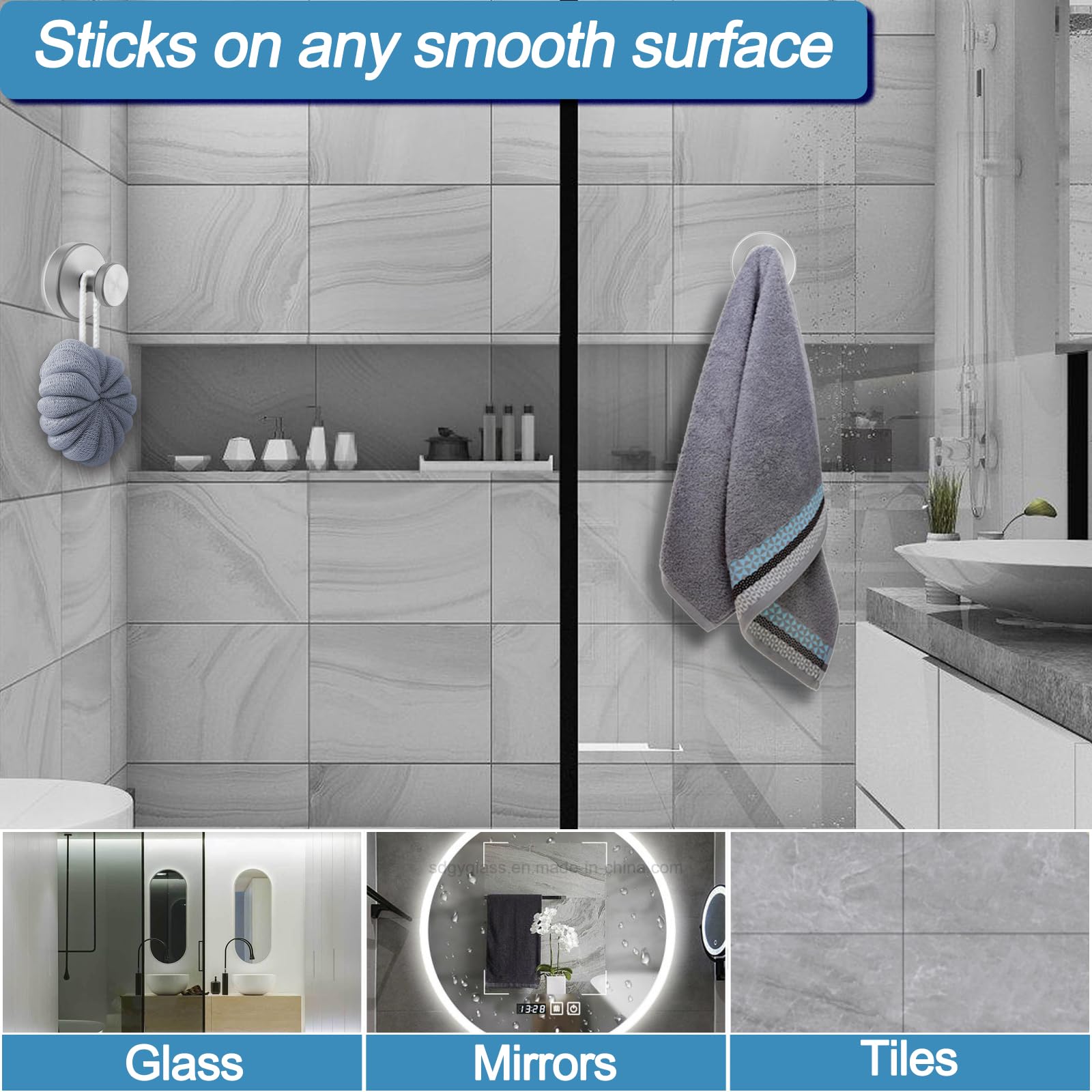 Hviiso Suction Cup Hooks for Glass Window, Mirror, Wreaths - Shower Hooks for Inside Shower, No Drill Towel Hooks for Bathrooms, Bath Robe Coat Looafh Hook for Hanging - Silver(2 Pack)