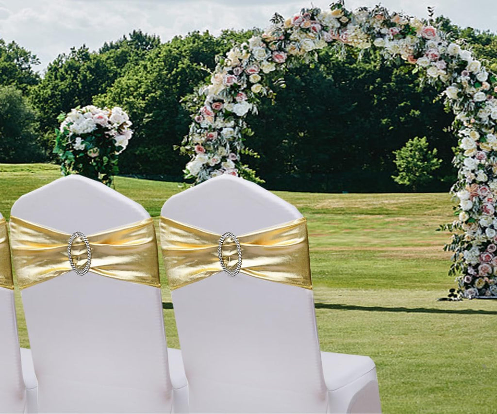 Spandex Gold Chair Sashes - 50 Pack Stretch Chair Bands with Buckles for Wedding & Event Decor - Metal Gold