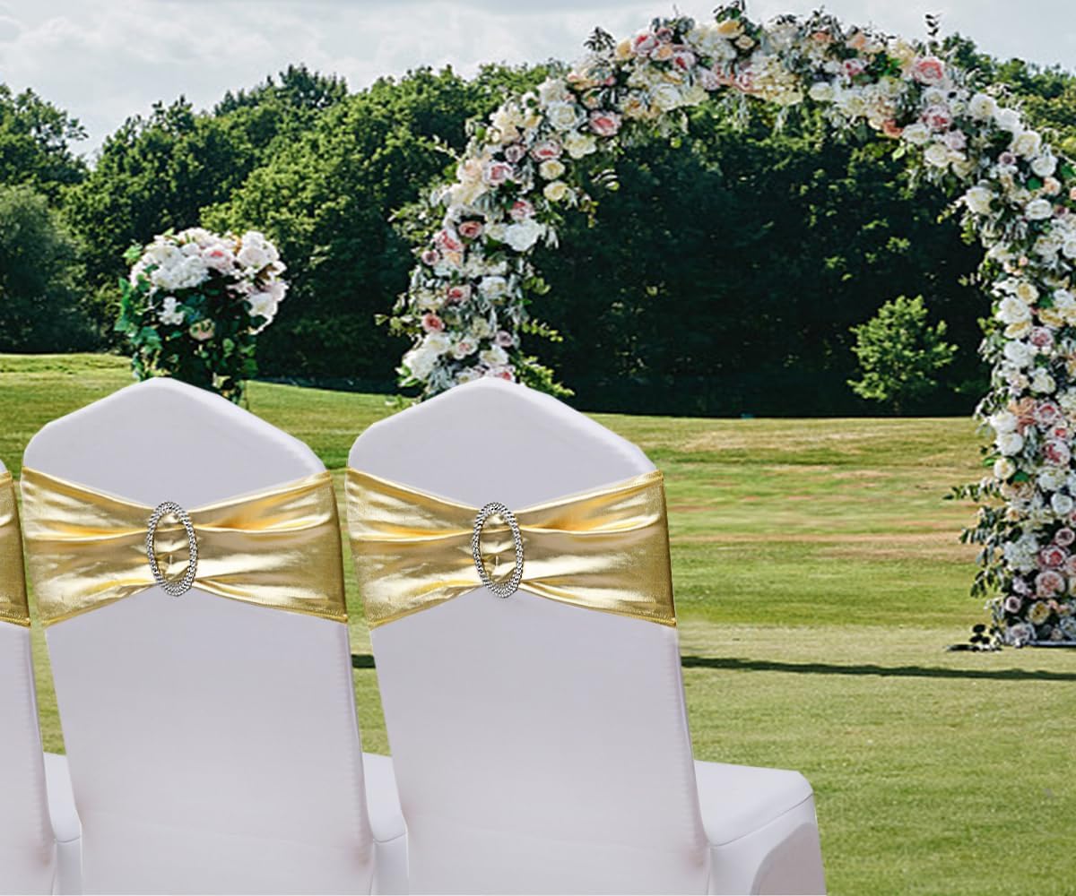 Spandex Gold Chair Sashes - 50 Pack Stretch Chair Bands with Buckles for Wedding & Event Decor - Metal Gold