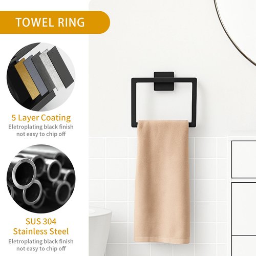 Twirobt 5-Piece Matte Black Bathroom Hardware Accessories Set - 16 Inch Stainless Steel Wall Mounted Towel Rack, Toilet Paper Holder, Towel Ring & 2 Hooks, Bathroom Organizer and Storage