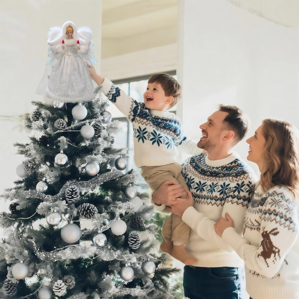 Cyraft Moving Angel Tree Topper with Lights, 12’’ White, Separately Controlled Flapping Wings and Bright LEDs, 6 On / 18 Off Hours Cycle